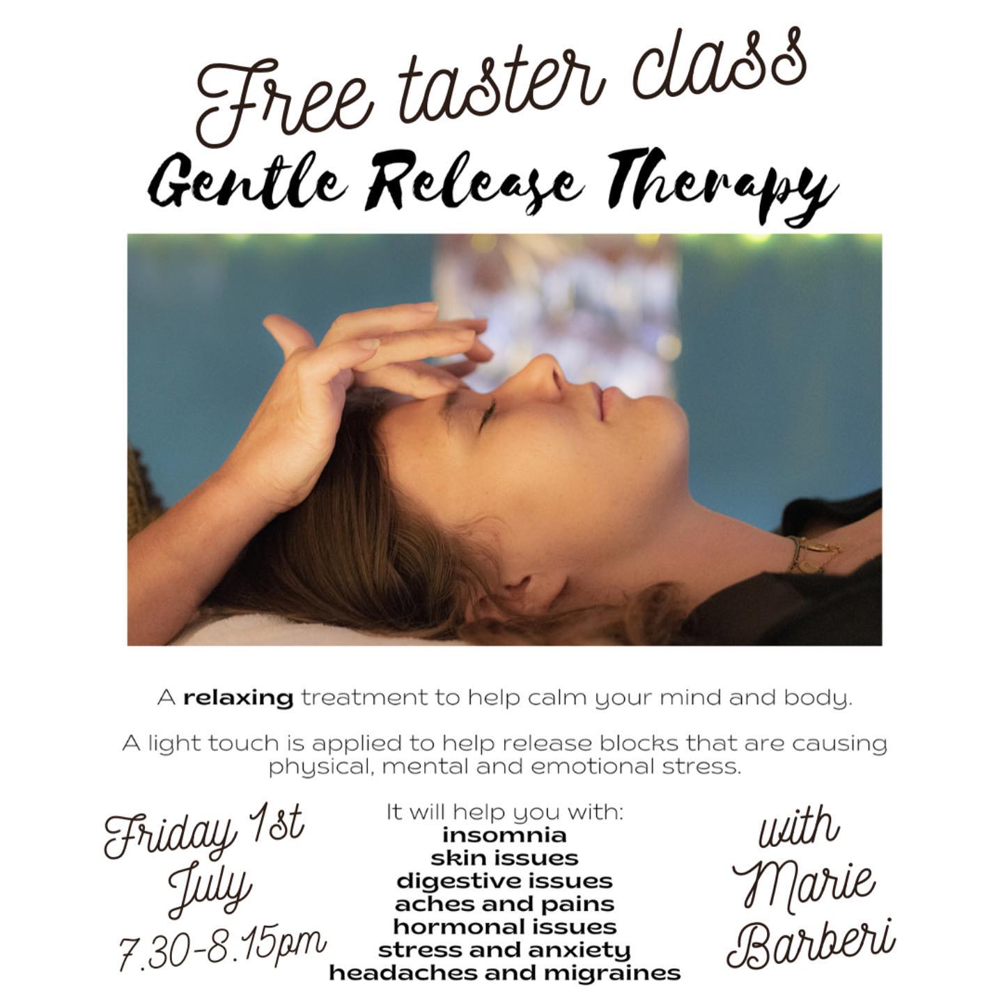 We’re offering a free taster class to sample this lovely relaxing treatment from our local therapist Marie Barberi. 

Gentle Release Therapy is a gentle treatment using a light touch or intention, to an area of the body that is holding onto blocks. These could be physical, emotional, mental or spiritual. There are 6 systems to help support your body. The abdomen and chest, the cranial system, the spinal system, the endocrine system, the lymphatic system and the emotional body. Gentle Release Therapy brings the body back into balance creating harmony in your mind, body and soul.

Peaceful meditation music will be played during this meditative healing space. You will use a gentle calming breath to encourage the flow of oxygen to your body and to calm the nervous system. Visualisations may be used to help release any physical holds your body is holding on to. It is an intuitive practise, the healing will support your organs in your abdomen and chest.

Book via our timetable page on our website! 🥰☯️